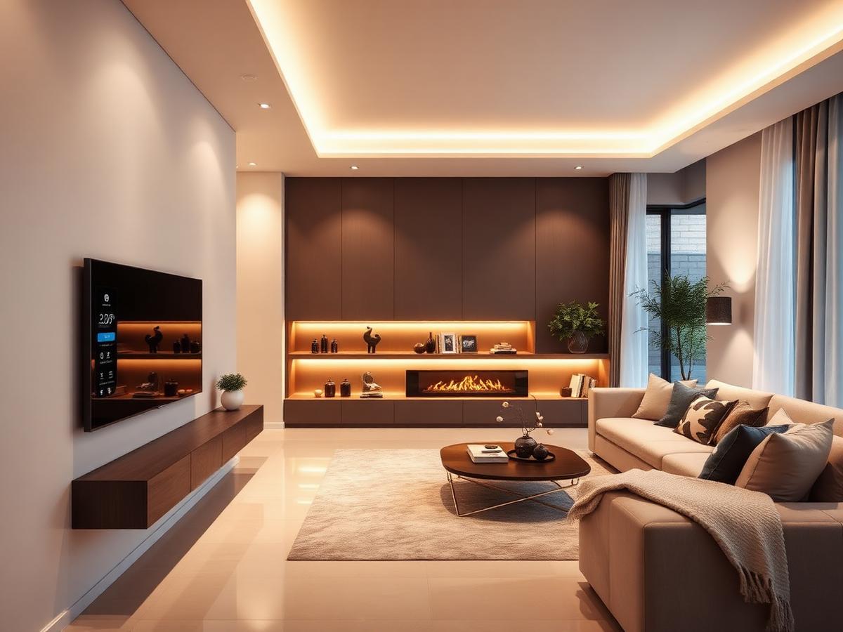 Sala de estar com painel de automação residencial